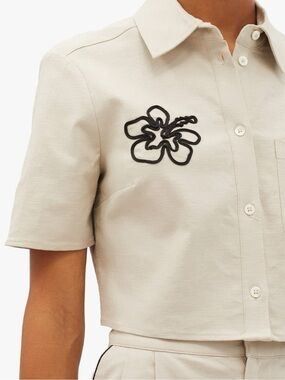 Staud Linen Button-Up Shirt with Embroidered Floral Stitching